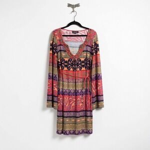 Hale Bob Boho Embellished V-Neck Bell Sleeve Mini Dress Orange Purple Large
